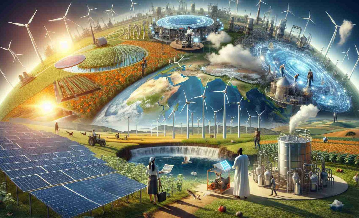 A highly detailed, realistic depiction showcasing the future of renewable energy production worldwide. An overview of the globe should be prominently featured, surrounded by different forms of renewable energy. Imagine a South Asian woman working on a solar panel farm under a bright sun, a Middle-Eastern man monitoring wind turbines rotating steadily in a breezy field, a black woman inspecting hydroelectric power at a bustling dam, and a white man standing in a vast field of bioenergy crops. All components should represent technological advancements and sustainability in energy production.