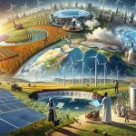 A highly detailed, realistic depiction showcasing the future of renewable energy production worldwide. An overview of the globe should be prominently featured, surrounded by different forms of renewable energy. Imagine a South Asian woman working on a solar panel farm under a bright sun, a Middle-Eastern man monitoring wind turbines rotating steadily in a breezy field, a black woman inspecting hydroelectric power at a bustling dam, and a white man standing in a vast field of bioenergy crops. All components should represent technological advancements and sustainability in energy production.