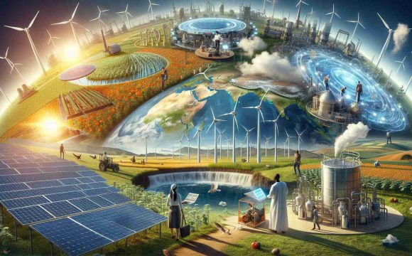 A highly detailed, realistic depiction showcasing the future of renewable energy production worldwide. An overview of the globe should be prominently featured, surrounded by different forms of renewable energy. Imagine a South Asian woman working on a solar panel farm under a bright sun, a Middle-Eastern man monitoring wind turbines rotating steadily in a breezy field, a black woman inspecting hydroelectric power at a bustling dam, and a white man standing in a vast field of bioenergy crops. All components should represent technological advancements and sustainability in energy production.