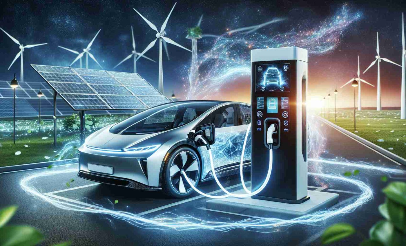 A high-definition, realistic depiction of modern, innovative solutions powering electric vehicle charging. The image showcases a sleek, futuristic electric car plugged into a cutting-edge charging station. The station is equipped with advanced features like touch-screen controls and real-time energy usage displays. As power flows from the station, visually represented by sparkling lines of energy, the car's battery indicator lights up, signifying a successful charge. Surrounding this scene, sustainable power sources like wind turbines and solar panels hint at the eco-friendly energy powering these innovations.