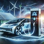 A high-definition, realistic depiction of modern, innovative solutions powering electric vehicle charging. The image showcases a sleek, futuristic electric car plugged into a cutting-edge charging station. The station is equipped with advanced features like touch-screen controls and real-time energy usage displays. As power flows from the station, visually represented by sparkling lines of energy, the car's battery indicator lights up, signifying a successful charge. Surrounding this scene, sustainable power sources like wind turbines and solar panels hint at the eco-friendly energy powering these innovations.