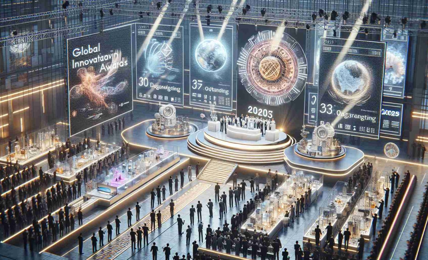 A detailed, high-definition image showcasing a scene from an international awards ceremony named 'Global Innovation Awards'. The focus is on the recognition of outstanding achievements, with several cutting-edge inventions on display within a modern, high-tech environment. The year inscribed on banners and decorations around the venue signifies that the ceremony is taking place in 2025. Diverse individuals are engaged in celebratory activities, presenting awards, discussing inventions and applauding winners. A grand stage with a large screen in the background is displaying the title of the ceremony and the current outstanding category.