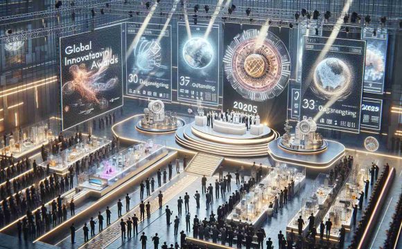 A detailed, high-definition image showcasing a scene from an international awards ceremony named 'Global Innovation Awards'. The focus is on the recognition of outstanding achievements, with several cutting-edge inventions on display within a modern, high-tech environment. The year inscribed on banners and decorations around the venue signifies that the ceremony is taking place in 2025. Diverse individuals are engaged in celebratory activities, presenting awards, discussing inventions and applauding winners. A grand stage with a large screen in the background is displaying the title of the ceremony and the current outstanding category.