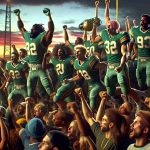 High-quality, realistic image of an exciting victory moment for a high school football team. The scene takes place at sunset, with the rosy twilight filling up the sky. The players, of diverse descents such as Caucasian, Hispanic, Black, Middle-Eastern, South Asian, and East Asian, are in the midst of celebrating their success. They are adorned in uniforms that represent the emerald green and gold, the colours of the team. Some players are jumping, some are fist pumping, and a few are hugging each other while shouting in joy. In the background, one can see fervent supporters cheering among the bleachers.