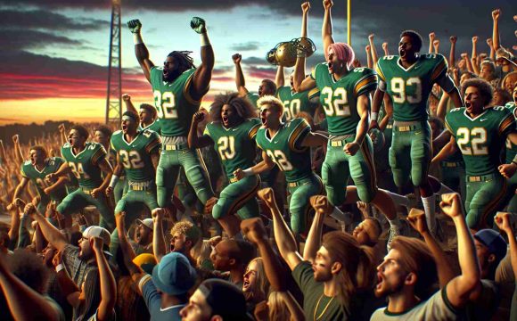 High-quality, realistic image of an exciting victory moment for a high school football team. The scene takes place at sunset, with the rosy twilight filling up the sky. The players, of diverse descents such as Caucasian, Hispanic, Black, Middle-Eastern, South Asian, and East Asian, are in the midst of celebrating their success. They are adorned in uniforms that represent the emerald green and gold, the colours of the team. Some players are jumping, some are fist pumping, and a few are hugging each other while shouting in joy. In the background, one can see fervent supporters cheering among the bleachers.