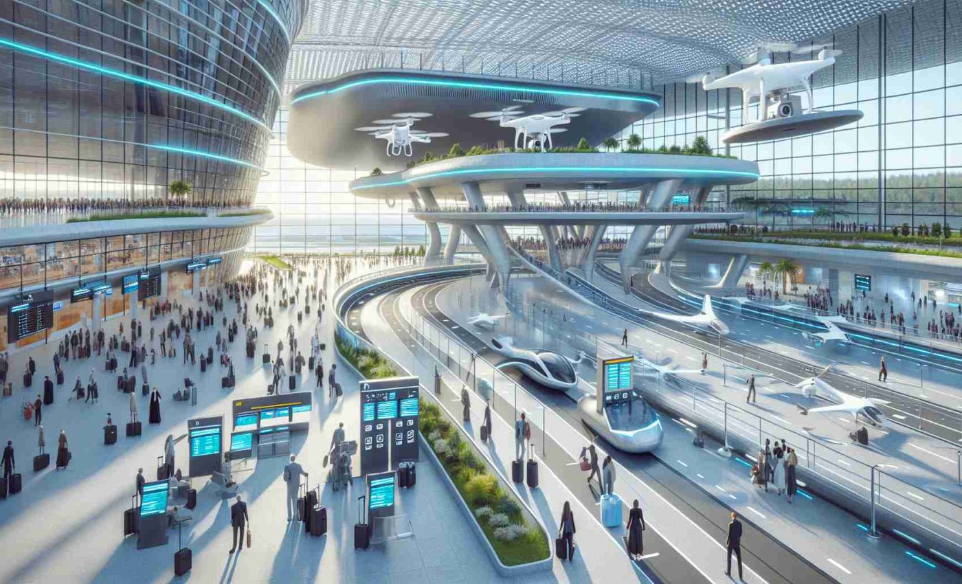 Create a realistic HD illustration showing the exciting sneak peek of a futuristic airport with advanced features. The scene should display a multifaceted passenger terminal, with drones for luggage transfer, computer-guided tracks for speedy commuting, highly-detailed self-check-in kiosks, and other innovative technological advancements. The airport should reflect a modern feel with a touch of sustainable architecture, employing solar panels and green spaces within the premises. Capture the bustling ambience of passengers from various descents like Caucasian, Black, Hispanic, Middle Eastern, South Asian waiting to embark on their journeys.