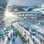 Create a realistic HD illustration showing the exciting sneak peek of a futuristic airport with advanced features. The scene should display a multifaceted passenger terminal, with drones for luggage transfer, computer-guided tracks for speedy commuting, highly-detailed self-check-in kiosks, and other innovative technological advancements. The airport should reflect a modern feel with a touch of sustainable architecture, employing solar panels and green spaces within the premises. Capture the bustling ambience of passengers from various descents like Caucasian, Black, Hispanic, Middle Eastern, South Asian waiting to embark on their journeys.