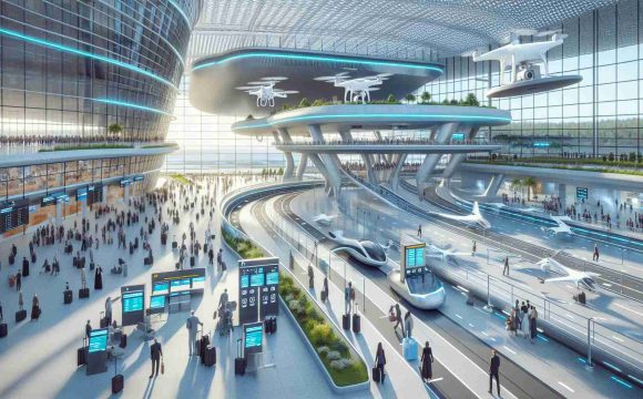 Create a realistic HD illustration showing the exciting sneak peek of a futuristic airport with advanced features. The scene should display a multifaceted passenger terminal, with drones for luggage transfer, computer-guided tracks for speedy commuting, highly-detailed self-check-in kiosks, and other innovative technological advancements. The airport should reflect a modern feel with a touch of sustainable architecture, employing solar panels and green spaces within the premises. Capture the bustling ambience of passengers from various descents like Caucasian, Black, Hispanic, Middle Eastern, South Asian waiting to embark on their journeys.