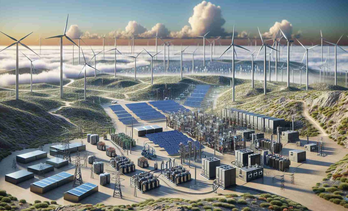 A highly detailed, realistic image showing the advancements in the field of energy evolution. The scene should represent various innovative energy storage systems like high-capacity batteries, solar panels, and wind turbines, scattered across a terrain. At the same time, also depict components of an upgraded electrical grid with smarter control systems and high-conductivity power lines. Include clear daytime sky in the background for an optimistic perspective. The landscape should capture the spirit of innovation and progress in renewable energy sources and modernized grid development, ensuring a sustainable future.