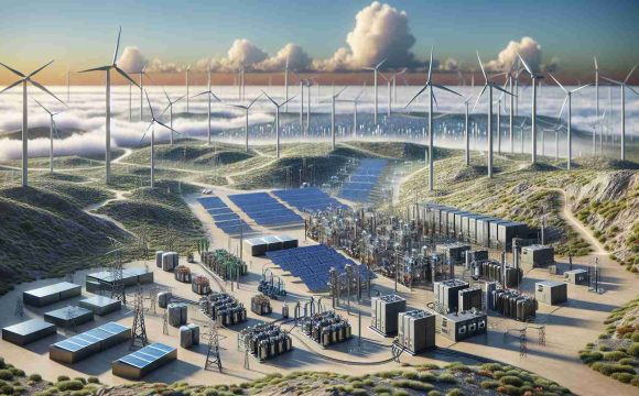 A highly detailed, realistic image showing the advancements in the field of energy evolution. The scene should represent various innovative energy storage systems like high-capacity batteries, solar panels, and wind turbines, scattered across a terrain. At the same time, also depict components of an upgraded electrical grid with smarter control systems and high-conductivity power lines. Include clear daytime sky in the background for an optimistic perspective. The landscape should capture the spirit of innovation and progress in renewable energy sources and modernized grid development, ensuring a sustainable future.