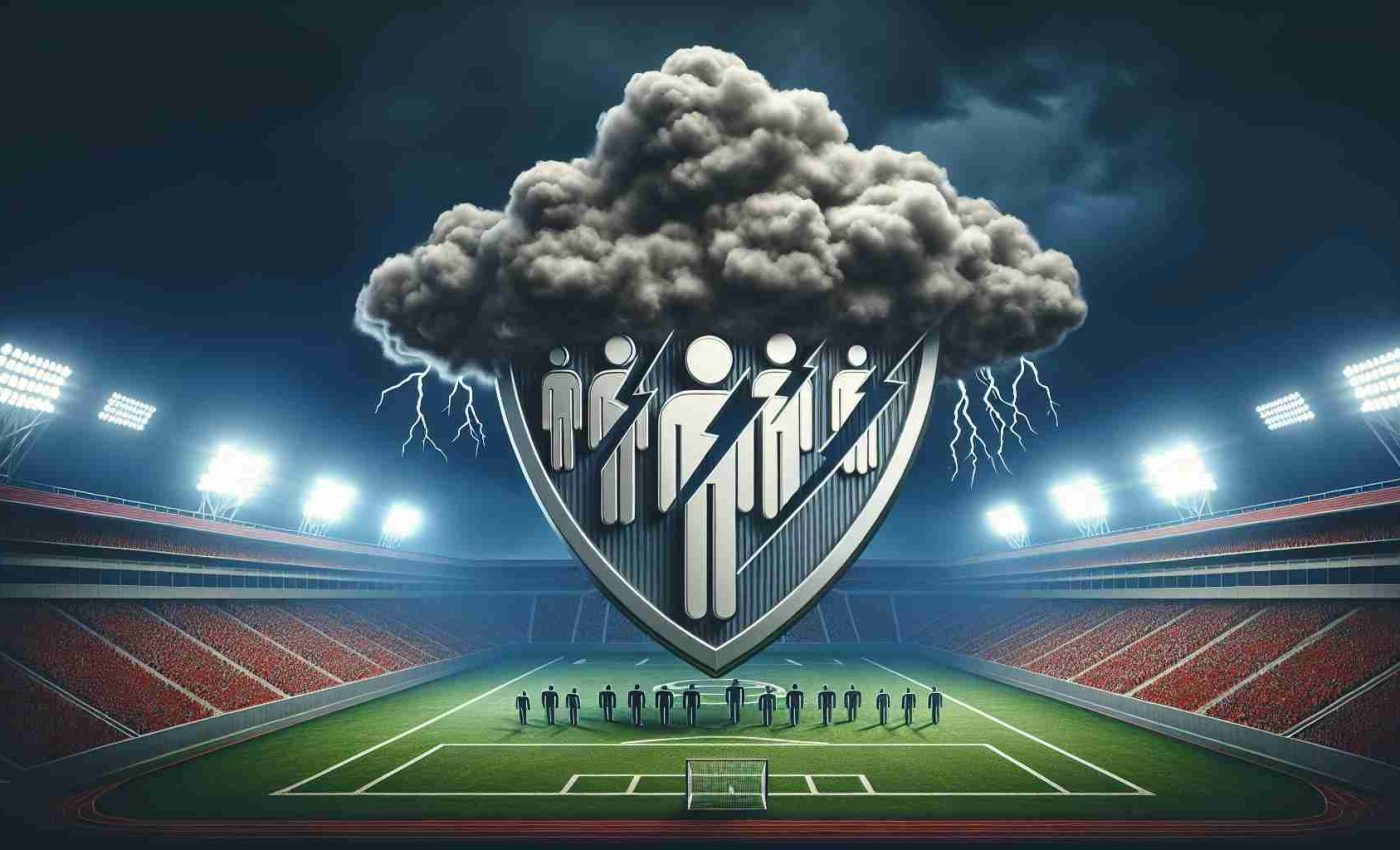 Create a realistic, high-definition graphic representation that visualizes the concept of a growing scandal involving alleged team hazing. This could include various elements such as a storm cloud looming over a sports stadium (symbolizing the scandal), a broken team logo or emblem, or a symbolic representation of inappropriate behavior amongst team members, such as a faceless, genderless figure exerting dominance over another.