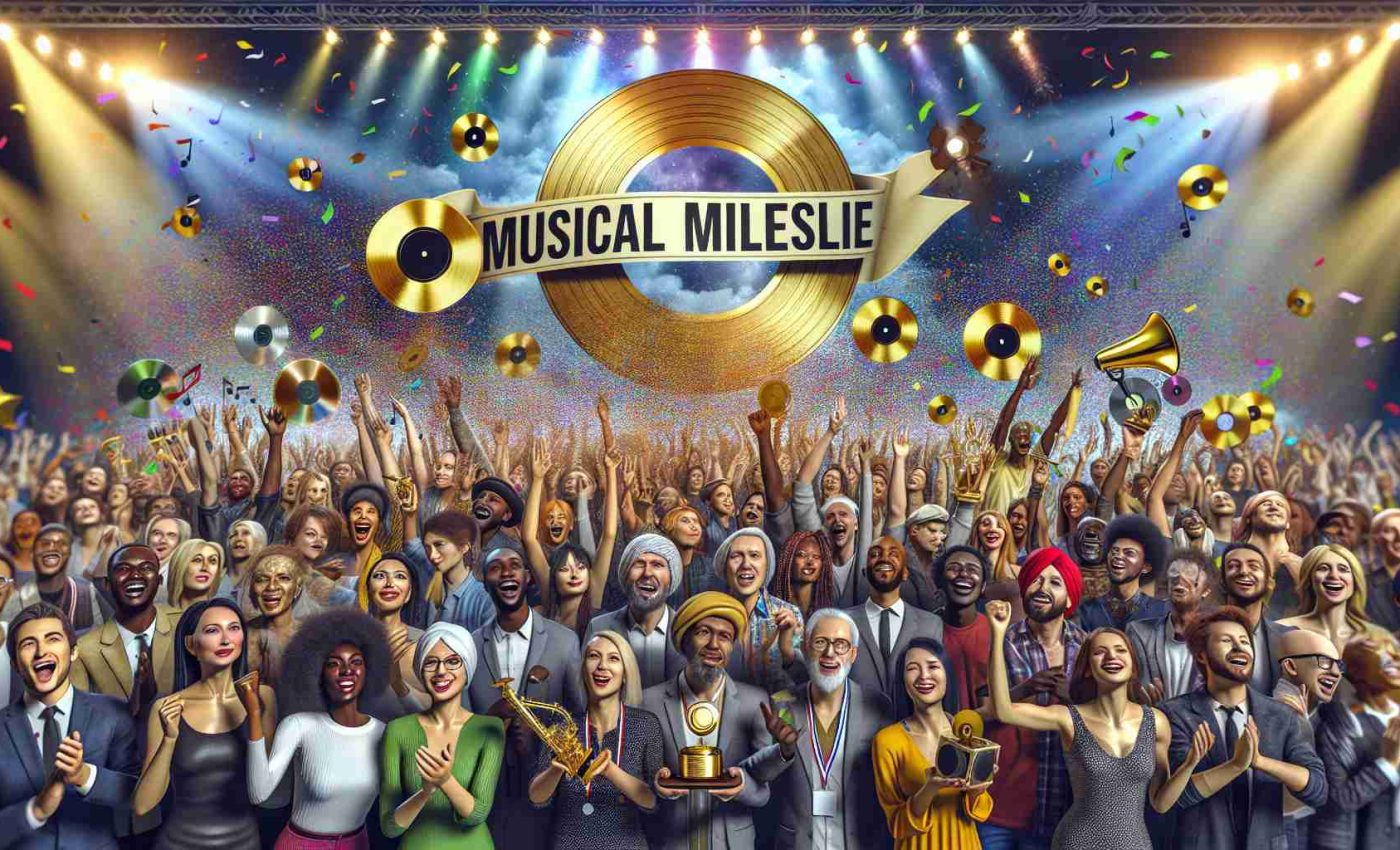 High-definition, realistic image of a diverse group of people expressing joy and unity while recognizing a significant moment in music. Several people hold golden records and trophies, symbolizing their achievements. In the background, a large banner reading 'Musical Milestone' is displayed. There's a festive atmosphere with colourful confetti raining down, the air filled with diverse music from around the world. Both men and women of various descents, including Caucasian, Hispanic, Black, Middle-Eastern, and South Asian, are present, making the scene truly global and multinational.