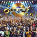 High-definition, realistic image of a diverse group of people expressing joy and unity while recognizing a significant moment in music. Several people hold golden records and trophies, symbolizing their achievements. In the background, a large banner reading 'Musical Milestone' is displayed. There's a festive atmosphere with colourful confetti raining down, the air filled with diverse music from around the world. Both men and women of various descents, including Caucasian, Hispanic, Black, Middle-Eastern, and South Asian, are present, making the scene truly global and multinational.