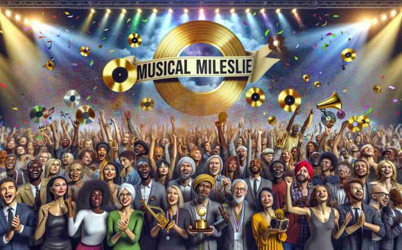 High-definition, realistic image of a diverse group of people expressing joy and unity while recognizing a significant moment in music. Several people hold golden records and trophies, symbolizing their achievements. In the background, a large banner reading 'Musical Milestone' is displayed. There's a festive atmosphere with colourful confetti raining down, the air filled with diverse music from around the world. Both men and women of various descents, including Caucasian, Hispanic, Black, Middle-Eastern, and South Asian, are present, making the scene truly global and multinational.