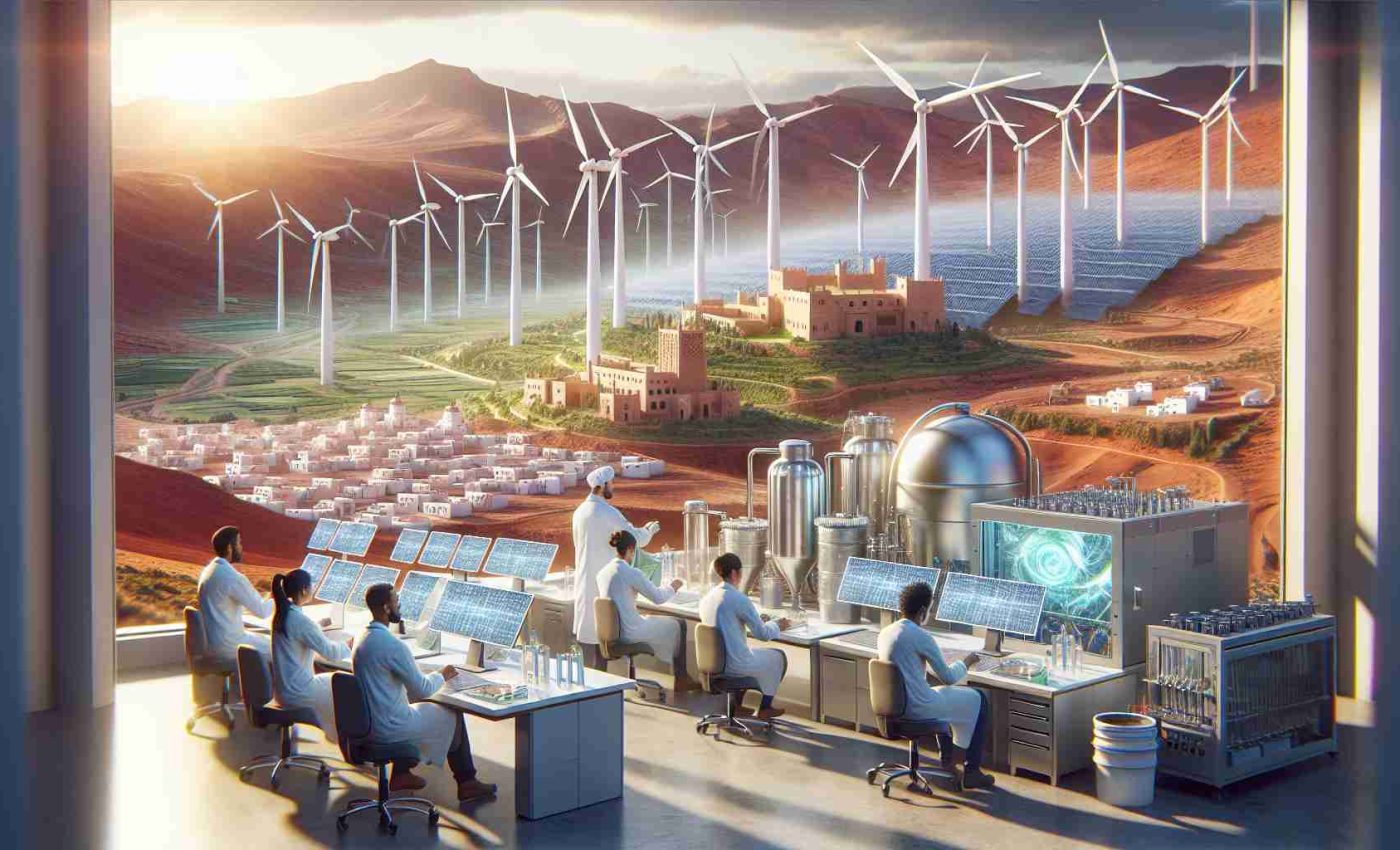 A high-definition, realistic image showing the concept of transforming Green Hydrogen plans into action in Morocco. The scene can feature a mixture of modern technology and beautiful Moroccan landscapes. There can be a research center with scientists, of diverse descents and genders, working dedicatedly surrounded by high tech equipment. Meanwhile, in the background, monumental wind turbines and solar panels can be seen harnessing the power of nature, symbolizing the green energy future of Morocco.