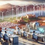 A high-definition, realistic image showing the concept of transforming Green Hydrogen plans into action in Morocco. The scene can feature a mixture of modern technology and beautiful Moroccan landscapes. There can be a research center with scientists, of diverse descents and genders, working dedicatedly surrounded by high tech equipment. Meanwhile, in the background, monumental wind turbines and solar panels can be seen harnessing the power of nature, symbolizing the green energy future of Morocco.