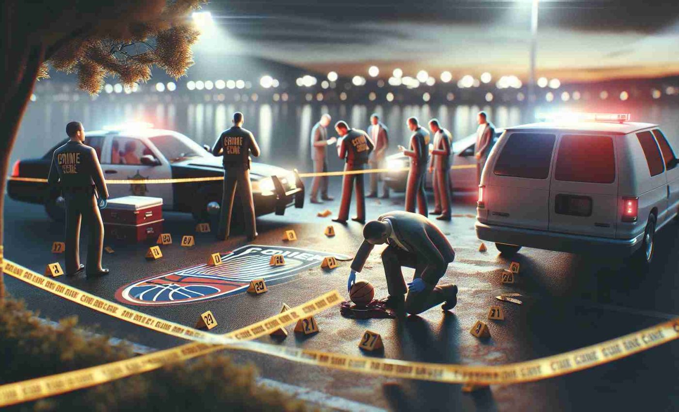 A high-definition, photorealistic image showing the scene of an on-going investigation related to an incident involving a sports team. The picture includes elements such as crime scene tape, investigation crew members busily examining the scene, parked police vehicles nearby, and the fading light of the day adding a solemn mood to the scene. The logo of the generic sports team subtly present in the background. No specific individuals are identifiable, ensuring emphasis is on the overall situation rather than individuals.