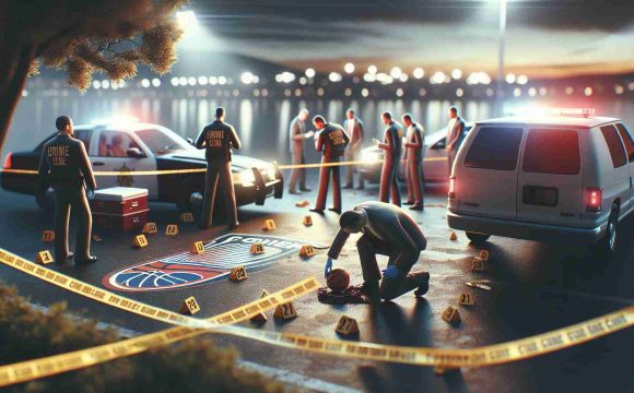 A high-definition, photorealistic image showing the scene of an on-going investigation related to an incident involving a sports team. The picture includes elements such as crime scene tape, investigation crew members busily examining the scene, parked police vehicles nearby, and the fading light of the day adding a solemn mood to the scene. The logo of the generic sports team subtly present in the background. No specific individuals are identifiable, ensuring emphasis is on the overall situation rather than individuals.