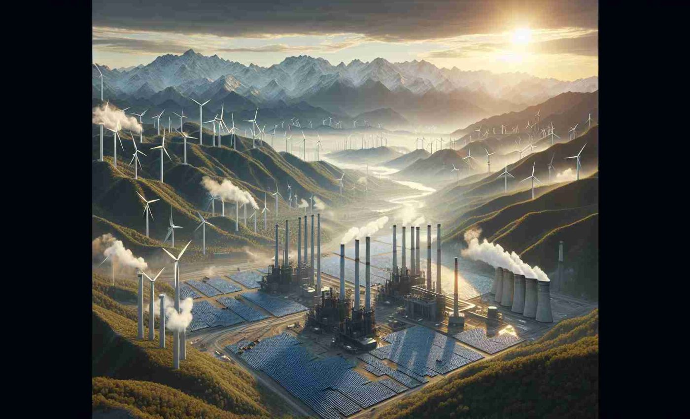 High-definition realistic representation of renewable energy infrastructures transforming industrial landscapes in Azerbaijan. This could include wind turbines in a mountainous region, solar panels blanketing a former factory site, or small-scale hydropower installations in a river valley, showcasing a transition from traditional industries to renewable energy sources, while maintaining the unique topography of the region.