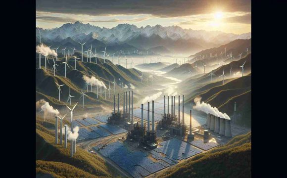 High-definition realistic representation of renewable energy infrastructures transforming industrial landscapes in Azerbaijan. This could include wind turbines in a mountainous region, solar panels blanketing a former factory site, or small-scale hydropower installations in a river valley, showcasing a transition from traditional industries to renewable energy sources, while maintaining the unique topography of the region.