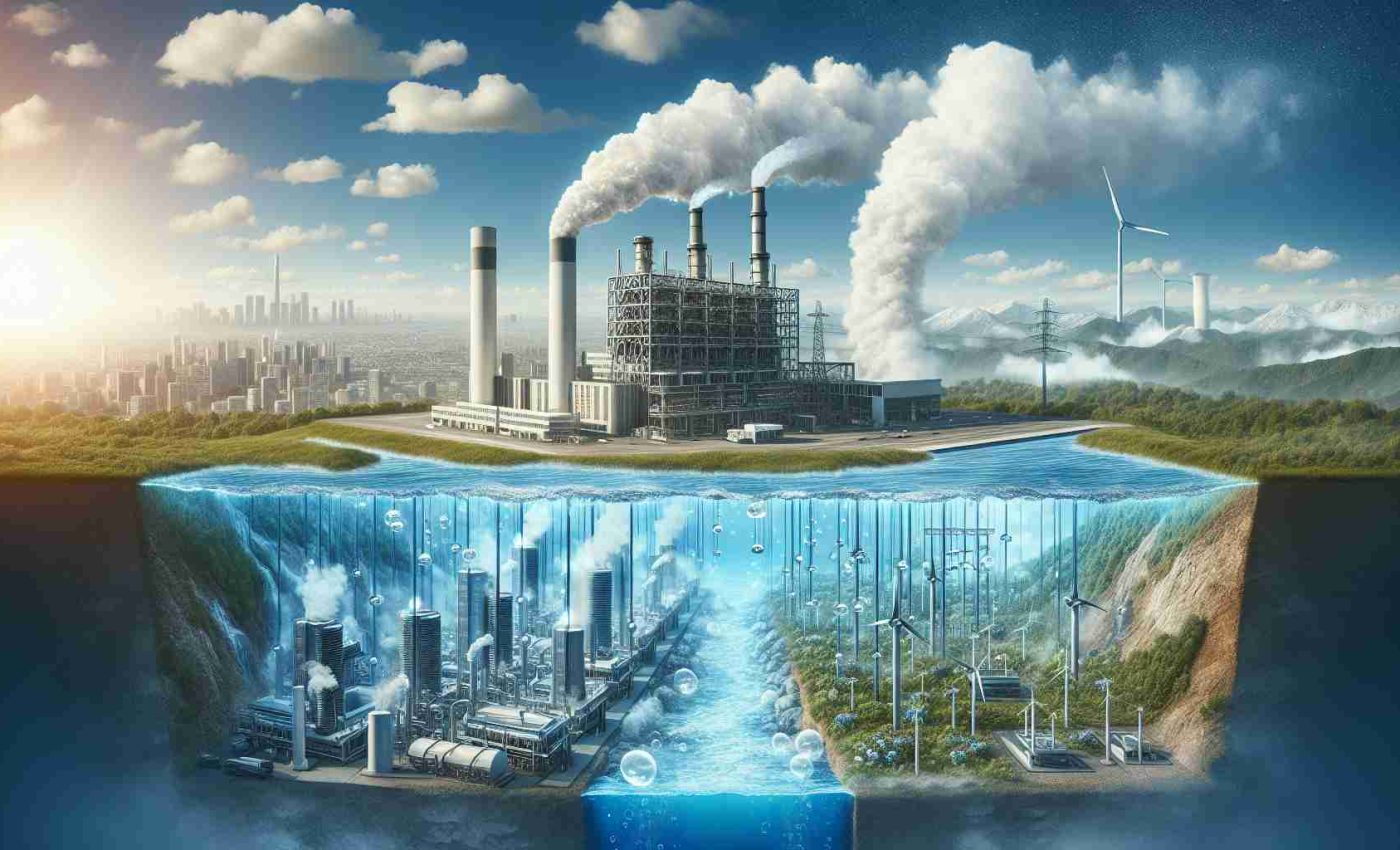 A high-definition, realistic illustration displaying the novel concept of revolutionizing the energy landscape using sustainable hydrogen. The picture can contain imagery of a modern power plant using hydrogen as its main fuel source emitting only vapor clouds into a clear blue sky. It could also depict the electrolysis process, transforming water into hydrogen gas and oxygen. The background could show a clean, lively city benefiting from this sustainable form of energy. A landscape transformation can be shown with a before-and-after comparison, the first depicting a heavily polluted environment, and the latter a cleaner and healthier world due to hydrogen energy.