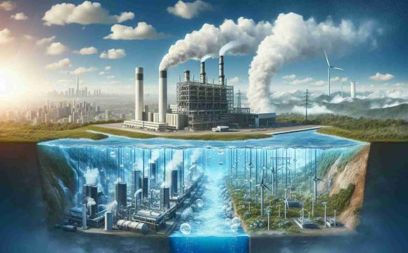 A high-definition, realistic illustration displaying the novel concept of revolutionizing the energy landscape using sustainable hydrogen. The picture can contain imagery of a modern power plant using hydrogen as its main fuel source emitting only vapor clouds into a clear blue sky. It could also depict the electrolysis process, transforming water into hydrogen gas and oxygen. The background could show a clean, lively city benefiting from this sustainable form of energy. A landscape transformation can be shown with a before-and-after comparison, the first depicting a heavily polluted environment, and the latter a cleaner and healthier world due to hydrogen energy.