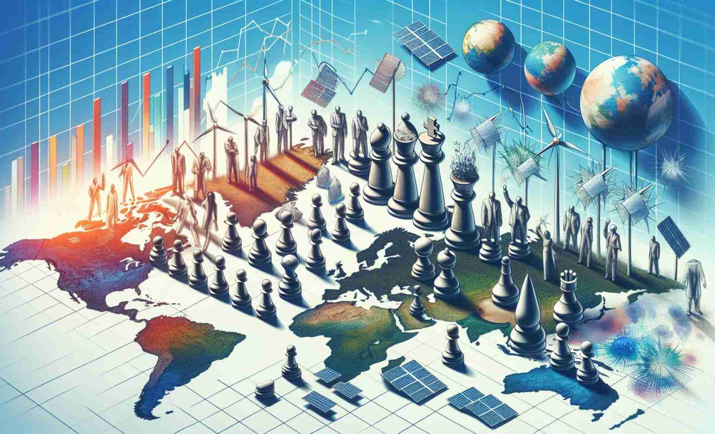 Generate a high-definition realistic image that represents the influence of shifting global leadership on the investment trends in renewable energy. The image could feature a metaphorical representation of global leaders in the form of chess pieces strategically positioned on a world map, each holding symbolic objects representing different types of renewable energy like wind turbines, solar panels, hydroelectric dams, and bioenergy crops. Meanwhile, graphs or growth trend bars can be sketched in the background depicting the rise or fall of investment in renewable energy across different regions. Note that all human figures should be abstract and should not resemble any known figures.