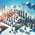 Generate a high-definition realistic image that represents the influence of shifting global leadership on the investment trends in renewable energy. The image could feature a metaphorical representation of global leaders in the form of chess pieces strategically positioned on a world map, each holding symbolic objects representing different types of renewable energy like wind turbines, solar panels, hydroelectric dams, and bioenergy crops. Meanwhile, graphs or growth trend bars can be sketched in the background depicting the rise or fall of investment in renewable energy across different regions. Note that all human figures should be abstract and should not resemble any known figures.