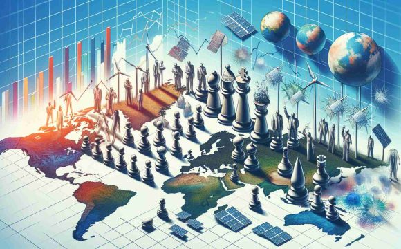 Generate a high-definition realistic image that represents the influence of shifting global leadership on the investment trends in renewable energy. The image could feature a metaphorical representation of global leaders in the form of chess pieces strategically positioned on a world map, each holding symbolic objects representing different types of renewable energy like wind turbines, solar panels, hydroelectric dams, and bioenergy crops. Meanwhile, graphs or growth trend bars can be sketched in the background depicting the rise or fall of investment in renewable energy across different regions. Note that all human figures should be abstract and should not resemble any known figures.