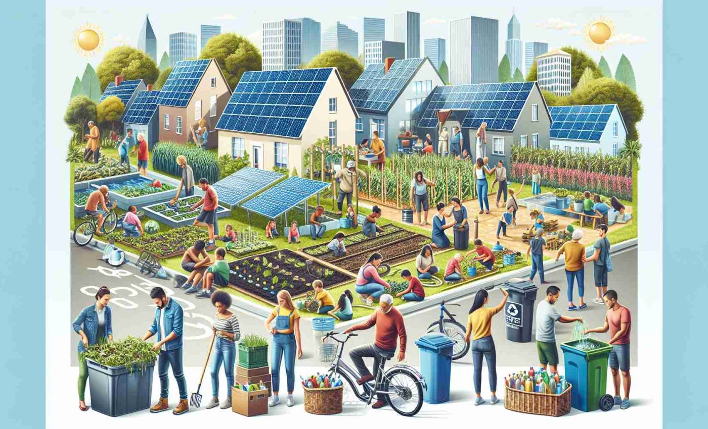 Generate a high-definition, realistic image that shows a local community embracing sustainable practices. Picture a diverse group of people of different descents—Caucasian, Hispanic, Black, Middle-Eastern, and South Asian—all working together. It could depict adults and children participating in community gardening, people sorting recyclables, solar panels installed on community buildings, bike lanes being used widely, rainwater collection systems, compost bins in common spaces, and so on. The community could be urban or rural with signs of clear skies and lush greenery, symbolizing environmental health.