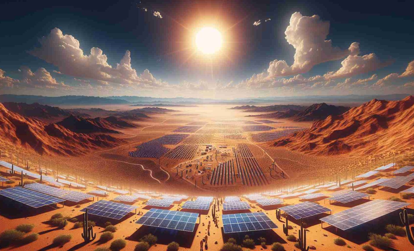 A high-definition, hyper-realistic image depicting the future perspective of solar energy in Arizona. Illustrate vast expanses of desert landscape dotted with state-of-the-art solar panel fields capturing abundant sunlight. Include representations of innovative technology improvements, such as advanced solar cells and energy storage systems. Visually suggest the opportunities created by this renewable energy source, like job creation with workers of mixed gender and different descents installing and maintaining the panels. The sky above the desert should be clear with the blazing sun hovering, symbolizing the relentless energy resource.