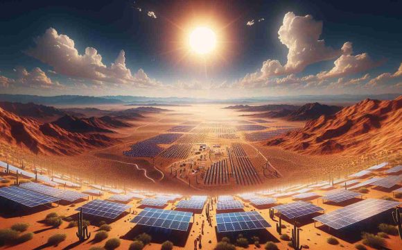 A high-definition, hyper-realistic image depicting the future perspective of solar energy in Arizona. Illustrate vast expanses of desert landscape dotted with state-of-the-art solar panel fields capturing abundant sunlight. Include representations of innovative technology improvements, such as advanced solar cells and energy storage systems. Visually suggest the opportunities created by this renewable energy source, like job creation with workers of mixed gender and different descents installing and maintaining the panels. The sky above the desert should be clear with the blazing sun hovering, symbolizing the relentless energy resource.