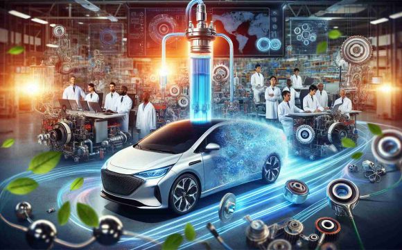 Create a high-definition realistic image showcasing the revolution of the automotive industry through sustainable hydrogen fuel technology. Depict a car engine being powered by this technology, showing the flow of hydrogen fuel and its conversion into clean energy to power the vehicle. Include a backdrop of a laboratory setting with engineers of various genders and descents, such as Caucasian, Hispanic, Black, Middle-Eastern, and South Asian, actively working on the technology's refinement and advancement. Add an aura of innovation and commitment around the scene, and vibrant colors to symbolize the vitality of sustainable energy solutions.