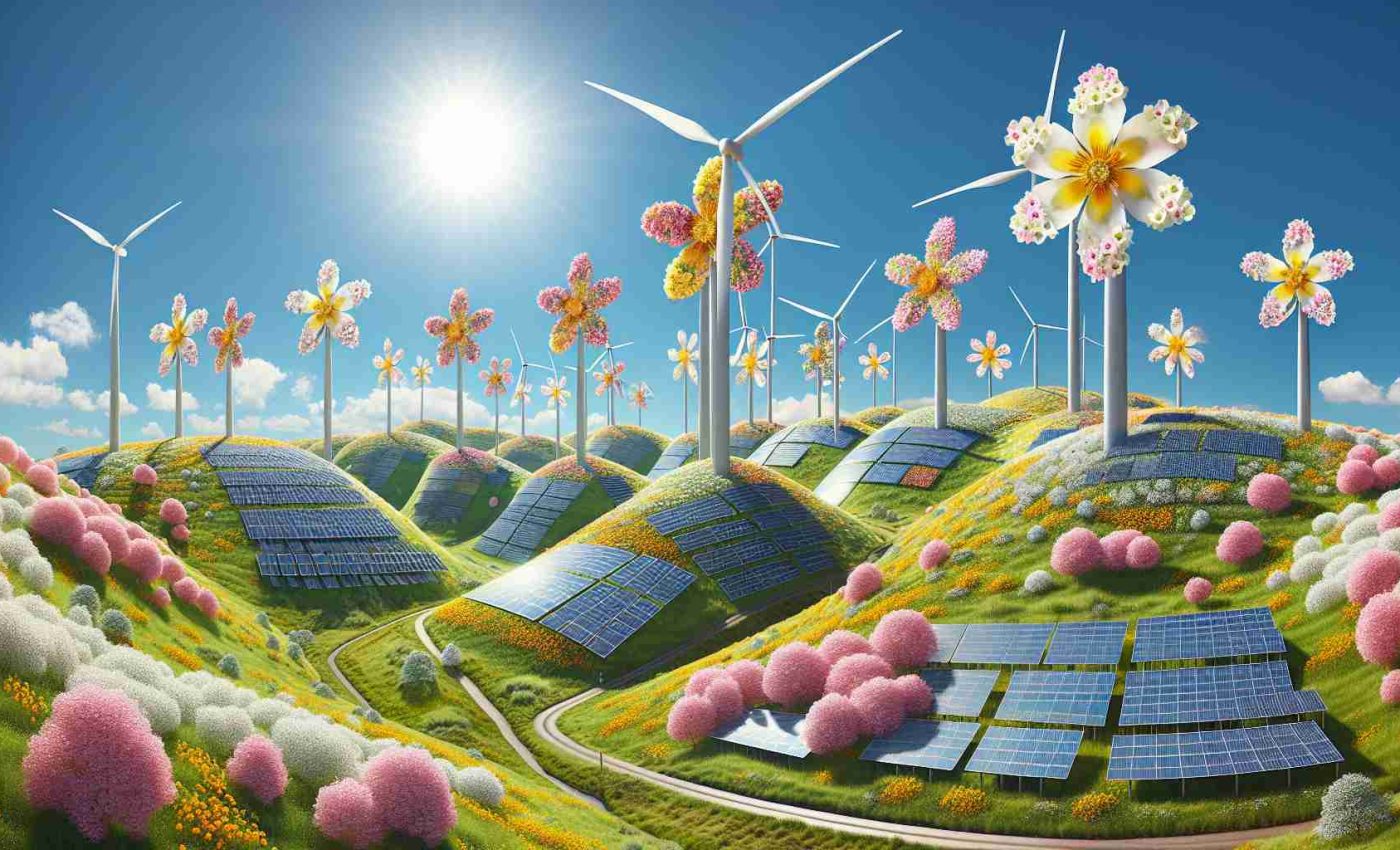 Generate a realistic, high-definition image of the concept of a 'Green Energy Revolution', represented in the form of a project called 'The Blossom Project.' Visualize this as a combination of wind turbines, solar panels, and blooming flowers, integrated seamlessly. Whenever possible, evenly distribute the devices over rolling green hills beneath a clear, sunny sky. This should not be a literal interpretation – rather, the turbines and panels might be stylized to look like flowers in various stages of bloom while maintaining functionality. Let creativity drive the energy-infused and environmental conservation concept.