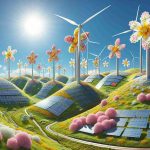 Generate a realistic, high-definition image of the concept of a 'Green Energy Revolution', represented in the form of a project called 'The Blossom Project.' Visualize this as a combination of wind turbines, solar panels, and blooming flowers, integrated seamlessly. Whenever possible, evenly distribute the devices over rolling green hills beneath a clear, sunny sky. This should not be a literal interpretation – rather, the turbines and panels might be stylized to look like flowers in various stages of bloom while maintaining functionality. Let creativity drive the energy-infused and environmental conservation concept.