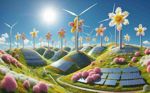 Generate a realistic, high-definition image of the concept of a 'Green Energy Revolution', represented in the form of a project called 'The Blossom Project.' Visualize this as a combination of wind turbines, solar panels, and blooming flowers, integrated seamlessly. Whenever possible, evenly distribute the devices over rolling green hills beneath a clear, sunny sky. This should not be a literal interpretation – rather, the turbines and panels might be stylized to look like flowers in various stages of bloom while maintaining functionality. Let creativity drive the energy-infused and environmental conservation concept.