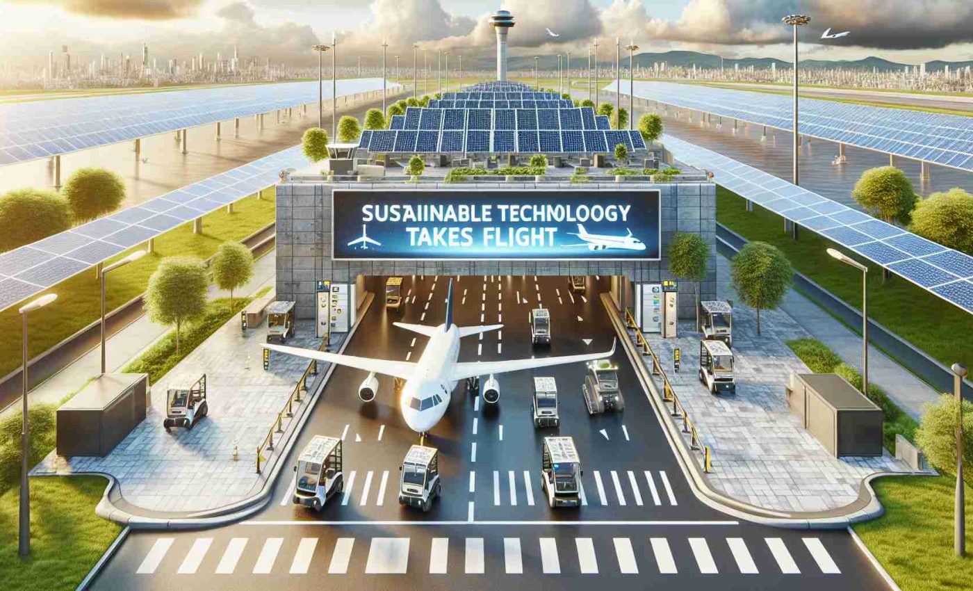 Show a hyperrealistic high-definition image of a sustainable technology revolution at a generic city airport. This includes solar panels powering the terminal, electric ground vehicles for baggage handling, and biofuel-powered airplanes taxiing on runways. The sign at the entrance of the airport proudly displays the phrase 'Sustainable Technology Takes Flight'. Make sure the details of the eco-friendly installations are clearly visible, making it an illustration of what a city airport powered by sustainable technology would look like.