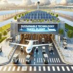 Show a hyperrealistic high-definition image of a sustainable technology revolution at a generic city airport. This includes solar panels powering the terminal, electric ground vehicles for baggage handling, and biofuel-powered airplanes taxiing on runways. The sign at the entrance of the airport proudly displays the phrase 'Sustainable Technology Takes Flight'. Make sure the details of the eco-friendly installations are clearly visible, making it an illustration of what a city airport powered by sustainable technology would look like.