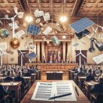 High definition image representing a new Renewable Energy Bill causing controversy in Solano County. The image showcases a mix of elements that allude to renewable energy – wind turbines, solar panels, documents signifying legal paperwork and people of different descents and genders displaying mixed reactions. The setting is a public town hall meeting, with large rustic wooden doors, antique brass fixtures, and grand chandeliers.