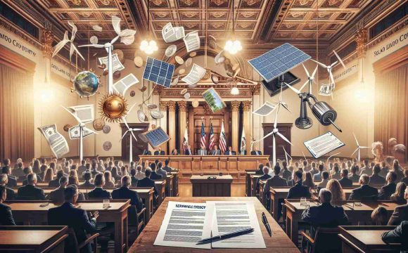 High definition image representing a new Renewable Energy Bill causing controversy in Solano County. The image showcases a mix of elements that allude to renewable energy – wind turbines, solar panels, documents signifying legal paperwork and people of different descents and genders displaying mixed reactions. The setting is a public town hall meeting, with large rustic wooden doors, antique brass fixtures, and grand chandeliers.