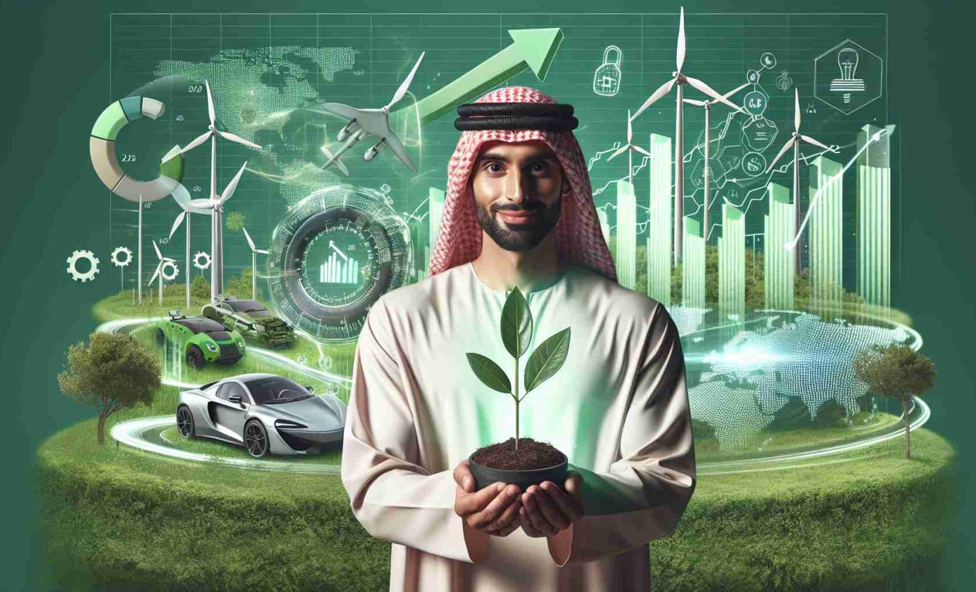 A high-resolution, realistic image that symbolizes the concept of 'Investing in Environmentally-Sound Futures'. The picture contains elements signifying both 'investment' and 'environment'. Think clean technologies like wind turbines and electric cars, maybe a person of Middle-Eastern descent, male, holding a sapling, suggesting reforestation. Bar graphs or charts may be included to represent investment, growth and progress, all set against the green background, symbolizing a healthy, sustainable future.