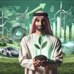 A high-resolution, realistic image that symbolizes the concept of 'Investing in Environmentally-Sound Futures'. The picture contains elements signifying both 'investment' and 'environment'. Think clean technologies like wind turbines and electric cars, maybe a person of Middle-Eastern descent, male, holding a sapling, suggesting reforestation. Bar graphs or charts may be included to represent investment, growth and progress, all set against the green background, symbolizing a healthy, sustainable future.