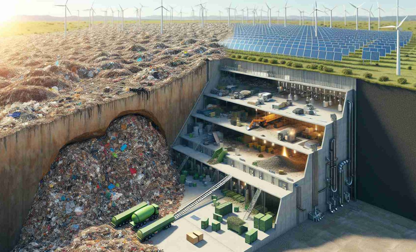 A high-definition, photorealistic scene depicting sustainable solutions for managing waste. Image depicts a sprawling landfill site gradually transforming into a facility for renewable energy. A side of the image shows heaps of garbage awaiting processing, gradually transitioning to the other side where the waste is being converted into forms of renewable energy. The transformation process includes solar panels harnessing the sun's energy, wind turbines catching the breeze, and perhaps a section revealing underground biogas production from organic waste. The shift from waste to energy is efficient and symbiotic, symbolizing a forward-thinking approach for a greener, more sustainable future.