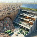 A high-definition, photorealistic scene depicting sustainable solutions for managing waste. Image depicts a sprawling landfill site gradually transforming into a facility for renewable energy. A side of the image shows heaps of garbage awaiting processing, gradually transitioning to the other side where the waste is being converted into forms of renewable energy. The transformation process includes solar panels harnessing the sun's energy, wind turbines catching the breeze, and perhaps a section revealing underground biogas production from organic waste. The shift from waste to energy is efficient and symbiotic, symbolizing a forward-thinking approach for a greener, more sustainable future.