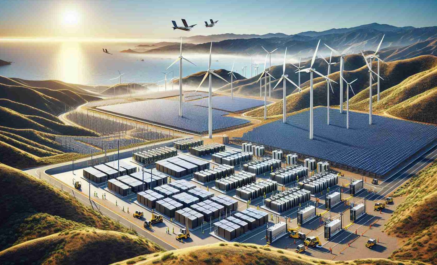 Generate a high-definition, realistic image of new energy storage projects dramatically reshaping the power grid in California. Showcase a combination of solar panels, wind turbines, and large-capacity batteries in the sunny, hilly landscape with the sea in the background. The power grid should be visually modern and efficient, a symbol of green energy revolution. Let's include engineers of varying descents and genders, actively engaged in maintaining and monitoring the systems.