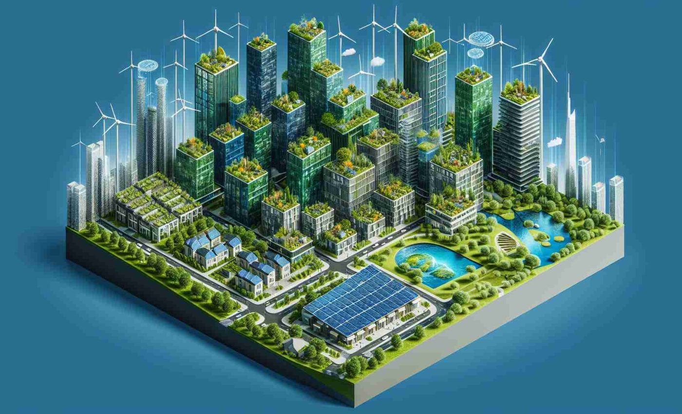 Create a high-definition, realistic image symbolizing the future of sustainable real estate investments. It might include imagery such as green high-rises with solar panel rooftops, urban gardens on terraces, rainwater harvesting systems, or smart energy-saving technologies integrated into building designs.