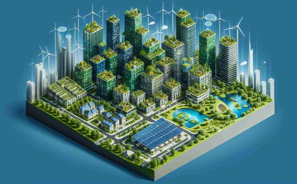 Create a high-definition, realistic image symbolizing the future of sustainable real estate investments. It might include imagery such as green high-rises with solar panel rooftops, urban gardens on terraces, rainwater harvesting systems, or smart energy-saving technologies integrated into building designs.