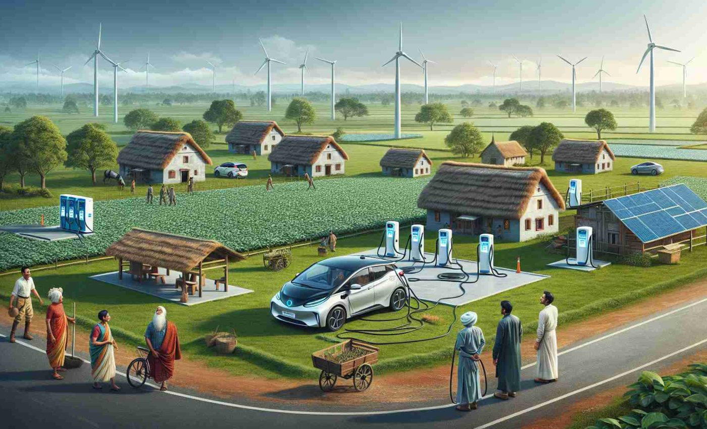 A high definition realistic image displaying the theme of 'Expanding Reach: Rural Electric Cooperatives Support Electric Vehicle Infrastructure Growth'. The picture depicts a rural setting with vast greens, open sky, and traditional farmhouses. There are electric vehicle charging stations scattered strategically around the area, casting the impression of recent growth. On one side, an electric car is seen plugged into a station. Creating a balance to the view, some farmers, a South Asian man, and a Caucasian woman, are seen observing the infrastructure with appreciative eyes.