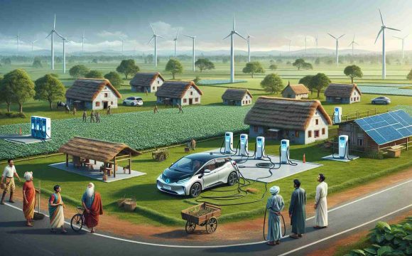 A high definition realistic image displaying the theme of 'Expanding Reach: Rural Electric Cooperatives Support Electric Vehicle Infrastructure Growth'. The picture depicts a rural setting with vast greens, open sky, and traditional farmhouses. There are electric vehicle charging stations scattered strategically around the area, casting the impression of recent growth. On one side, an electric car is seen plugged into a station. Creating a balance to the view, some farmers, a South Asian man, and a Caucasian woman, are seen observing the infrastructure with appreciative eyes.