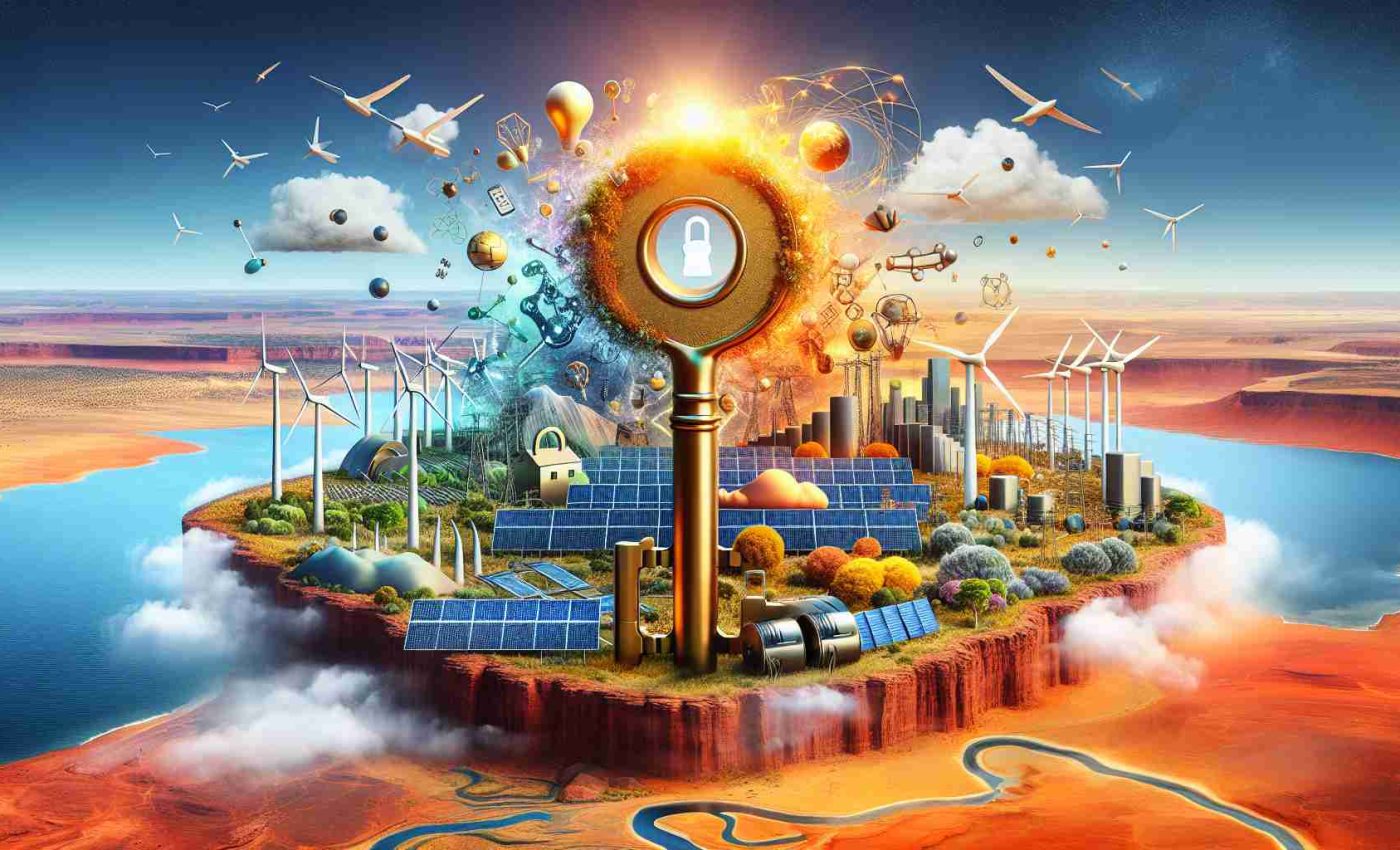 Create a vivid, high-definition concept image illustrating the idea of unlocking the potential of energy storage in Australia. The image should include a symbolic representation of unlocking, such as a large golden key and a lock, fused with elements of energy storage like wind turbines, solar panels, and batteries. Set this against a vast backdrop of the Australian landscape featuring distinct geographical features such as the red deserts, bushlands, and the coastline.